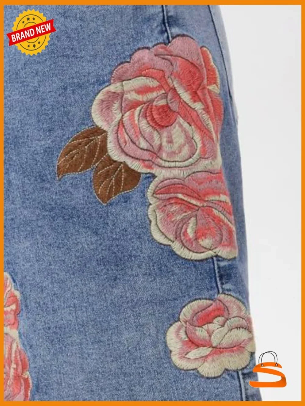 Bermuda Jean Shorts Mid Rise Baggy Stretchy Embroidered Jorts with Pockets